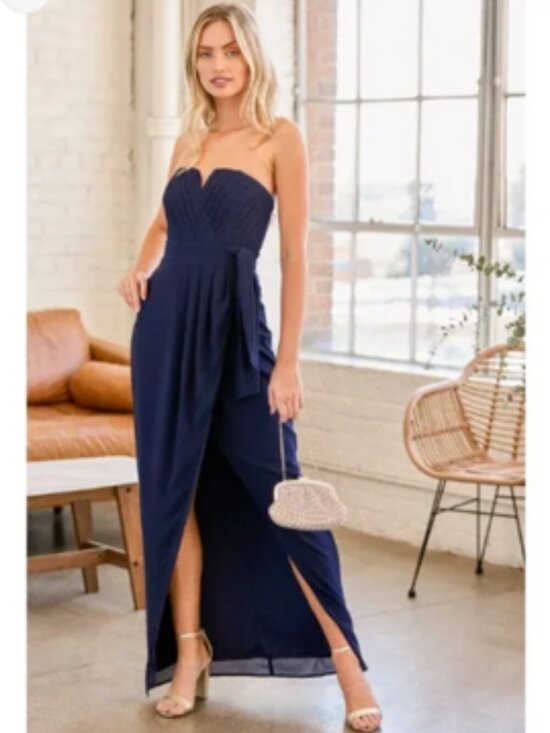 Lulus Dresses & Skirts - Lulus Easy Elegance Navy Strapless Gown Pleated Maxi Chiffon Formal Dress XL